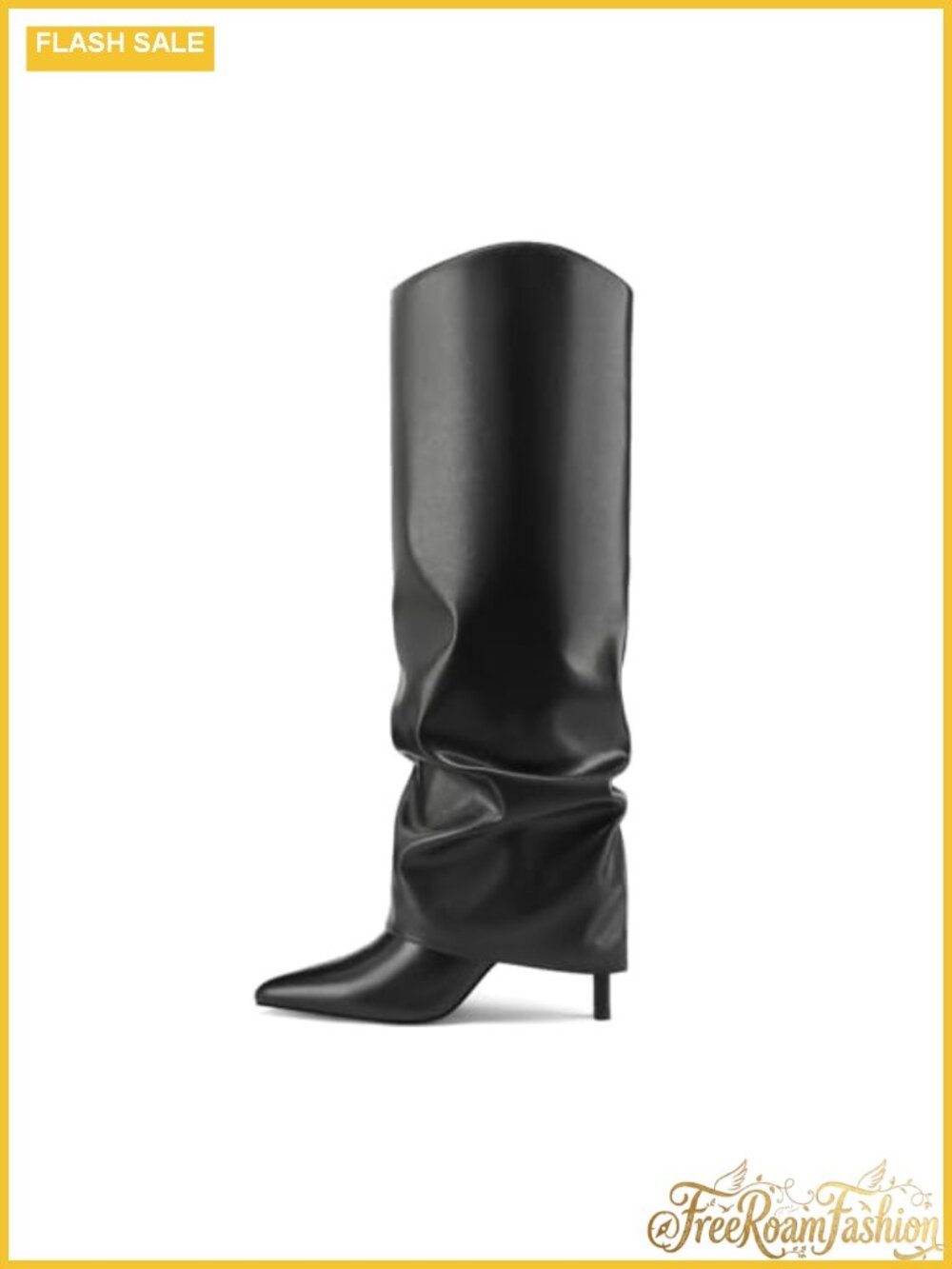 Faux Leather Fold Over Knee High Boots Pointed Toe Slouch Stiletto Heel